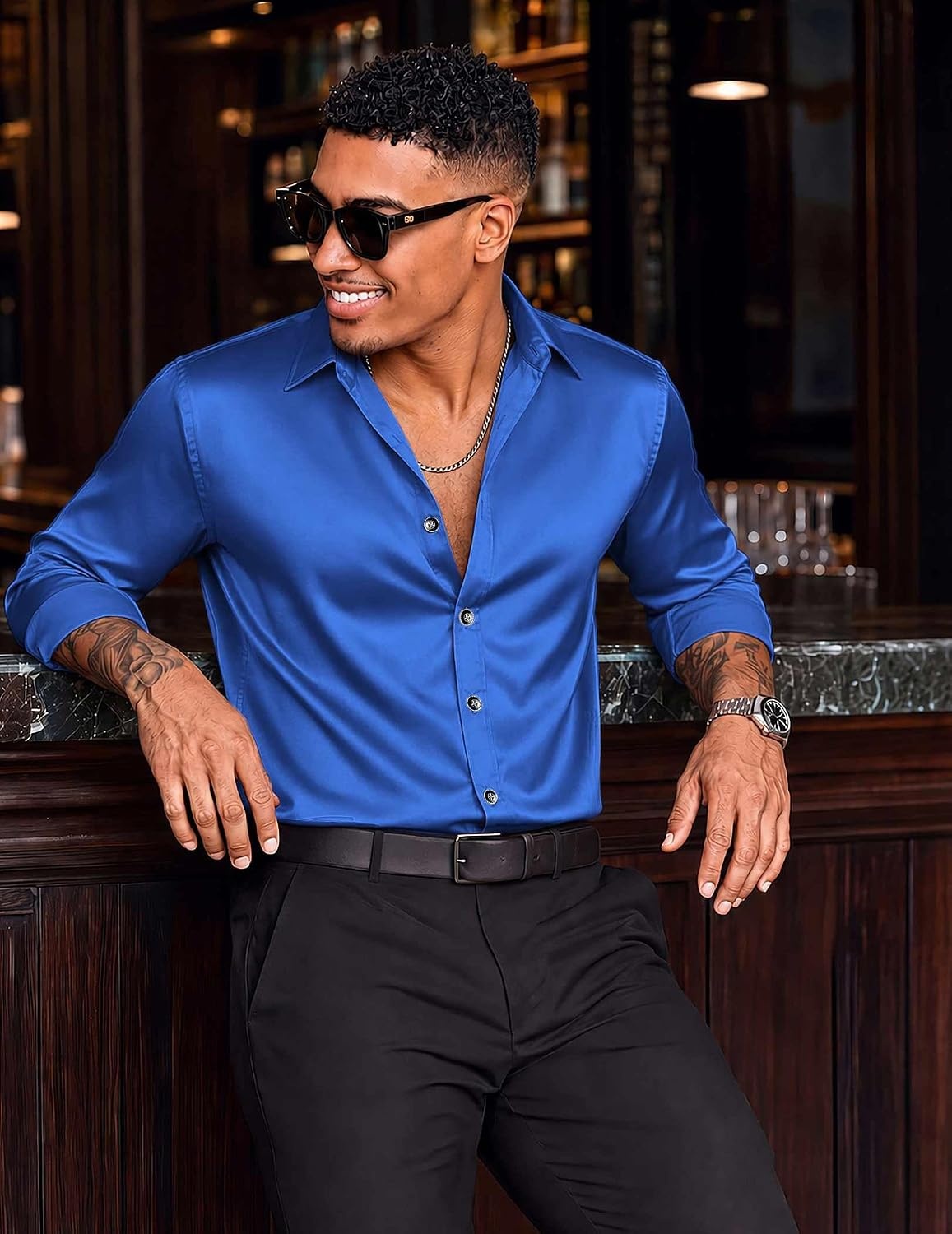 image:imageCOOFANDY Mens Satin Dress Shirts Long Sleeve Shiny Button Down ShirtRoyal Blue
