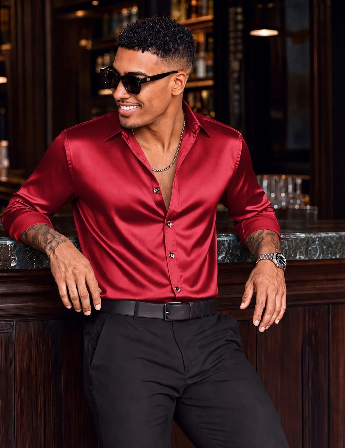 image:imageCOOFANDY Mens Satin Dress Shirts Long Sleeve Shiny Button Down ShirtWine Red