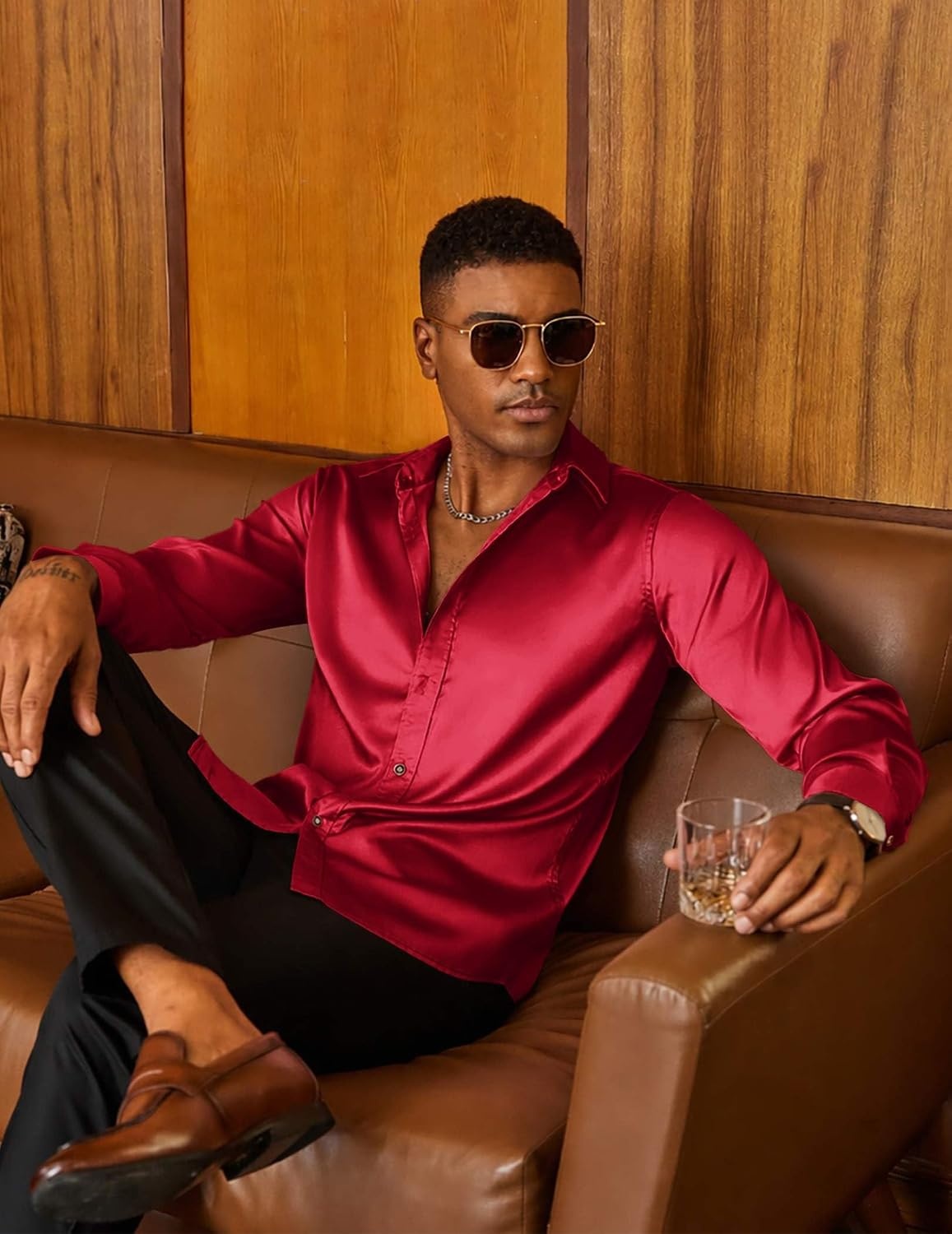 image:imageCOOFANDY Mens Satin Dress Shirts Long Sleeve Shiny Button Down ShirtWine Red
