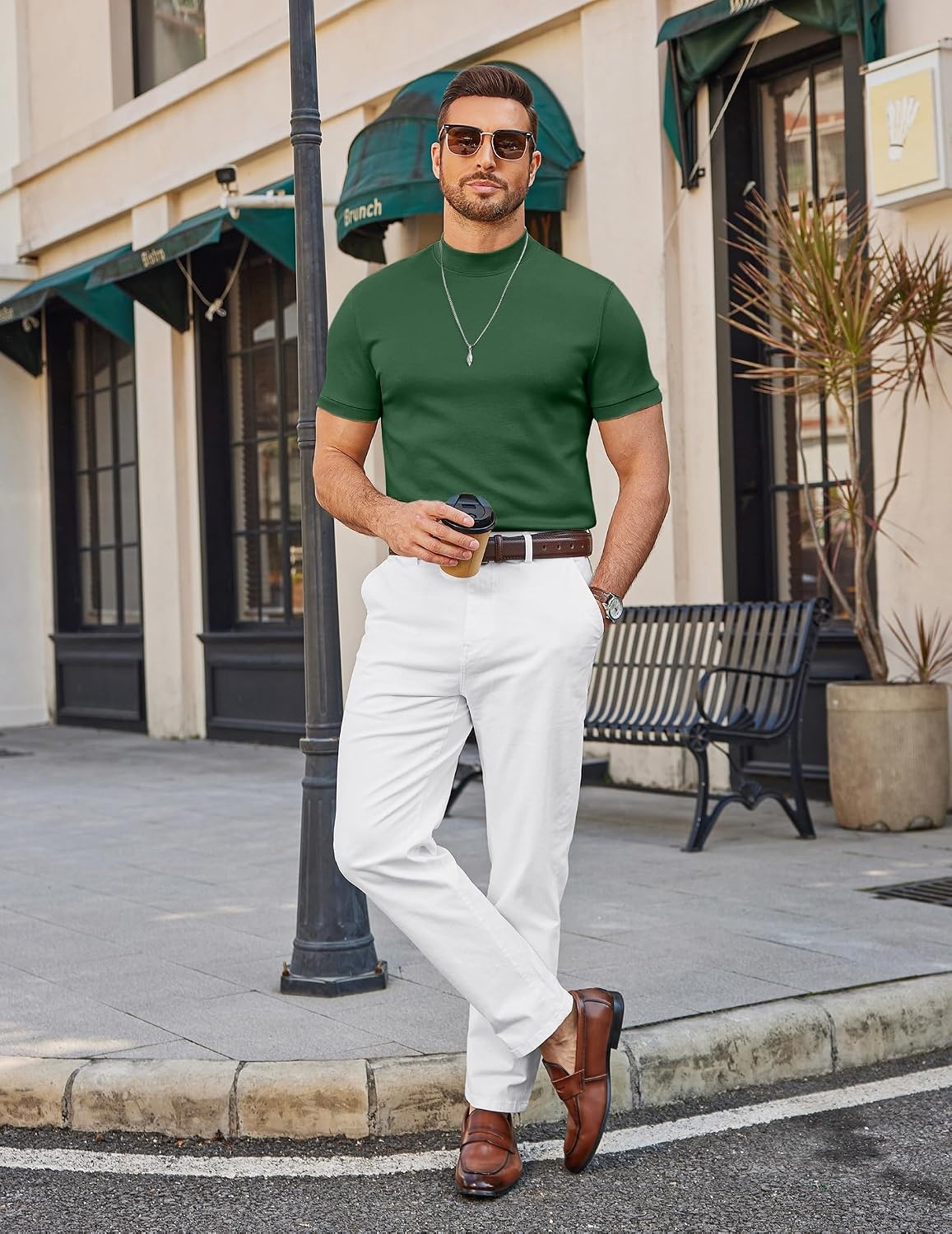 image:imageCOOFANDY Mens Short Sleeve Mock Neck Sweater Casual Slim Fit Basic TopsGreen