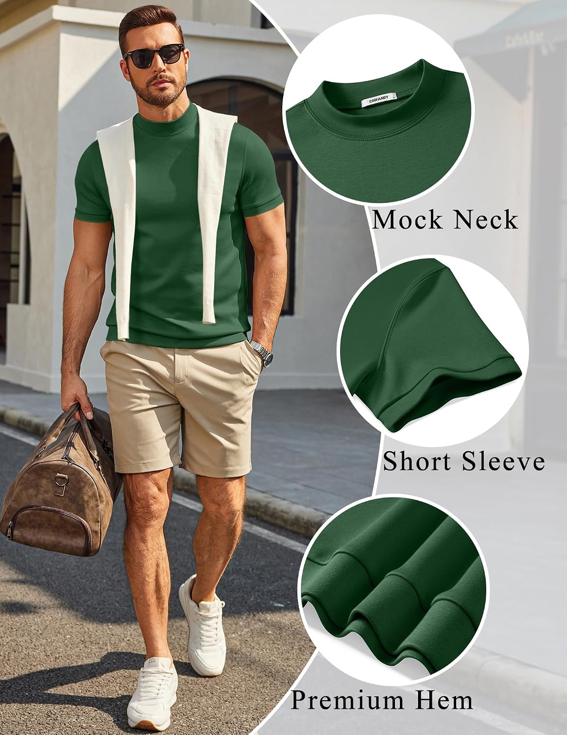 image:imageCOOFANDY Mens Short Sleeve Mock Neck Sweater Casual Slim Fit Basic TopsGreen
