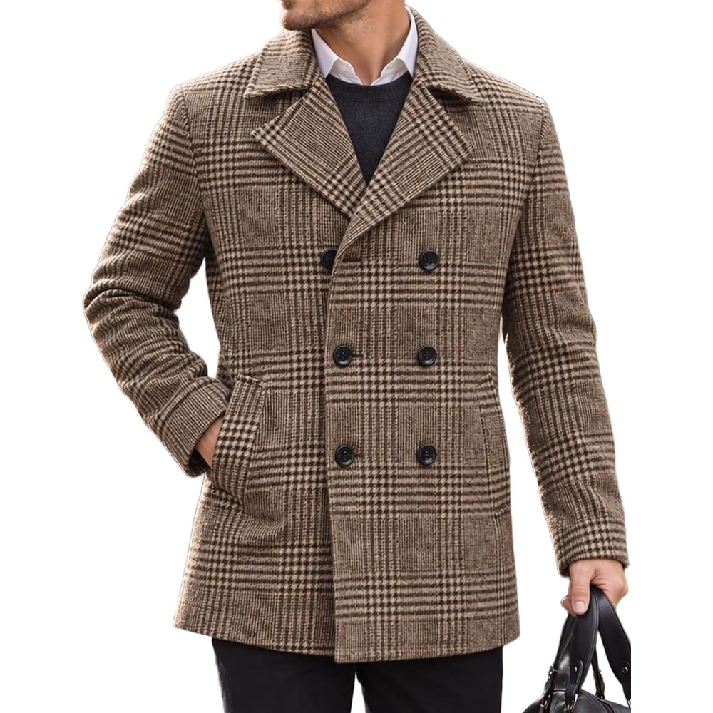 image:imageCOOFANDY Mens Double Breasted Pea Coat Winter Overcoat Short Trench Coat Notched CollarBrown Plaid