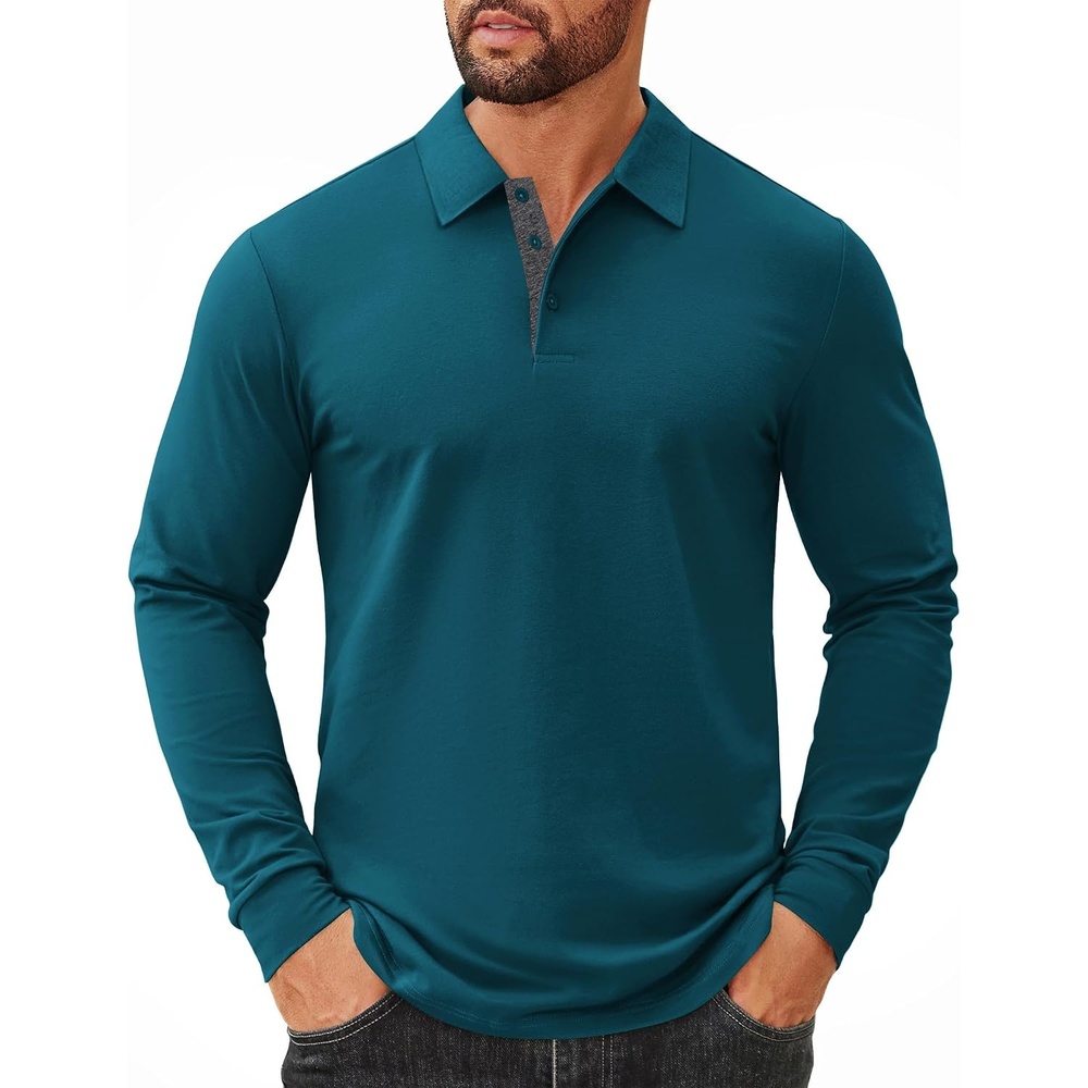 image:imageCOOFANDY Mens Long Sleeve Polo Shirts Cotton Collared Shirts Casual Business Polo Classic Golf T ShirtsLake Green