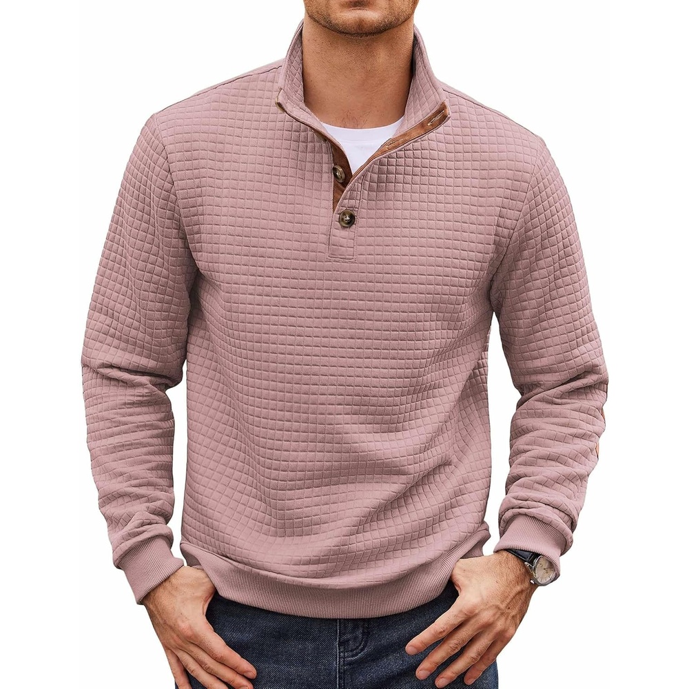image:imageCOOFANDY Mens Quarter Button Sweatshirt Long Sleeve Pullover Waffle Casual Stand Collar SweaterDusty Pink