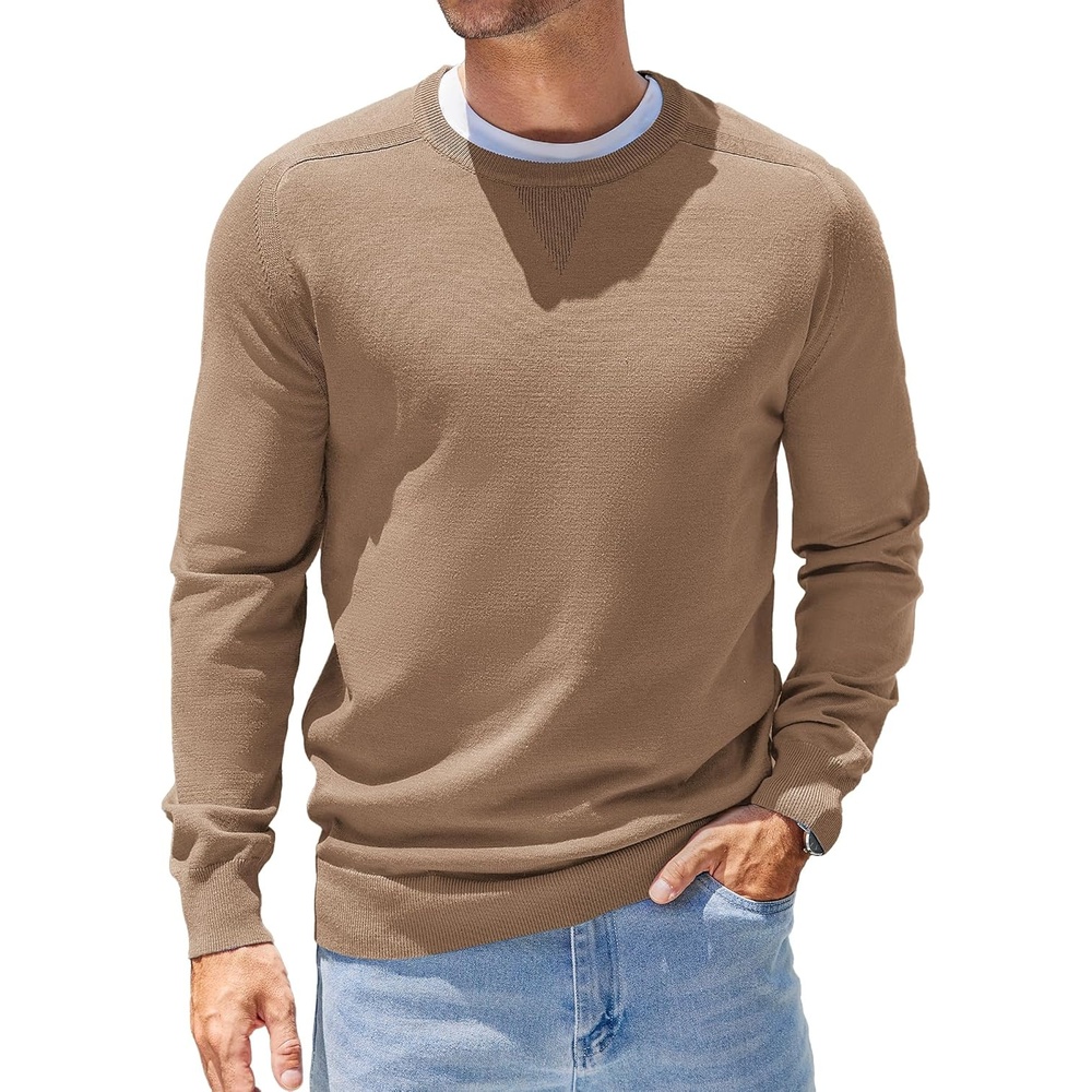 image:imageCOOFANDY Mens Sweater Crewneck Pullover Lightweight Dress Sweater Silm FitLight Brown