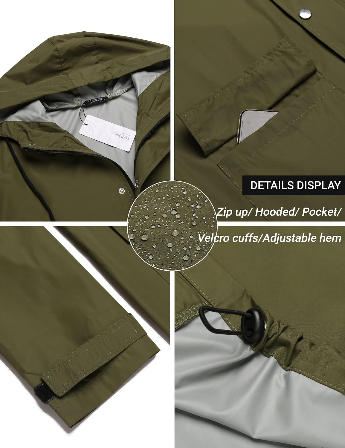 image:imageCOOFANDY Long Rain Coats for Men Waterproof Trench Jacket with HoodArmy Green