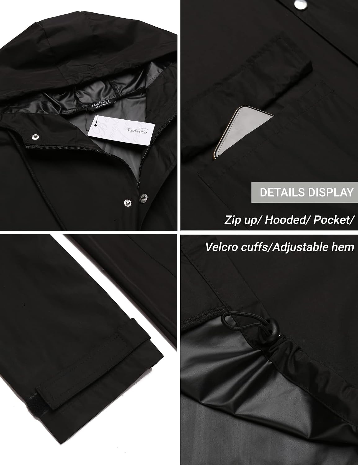 image:imageCOOFANDY Long Rain Coats for Men Waterproof Trench Jacket with HoodBlack
