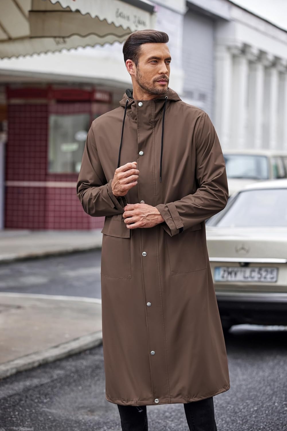 image:imageCOOFANDY Long Rain Coats for Men Waterproof Trench Jacket with HoodBrown