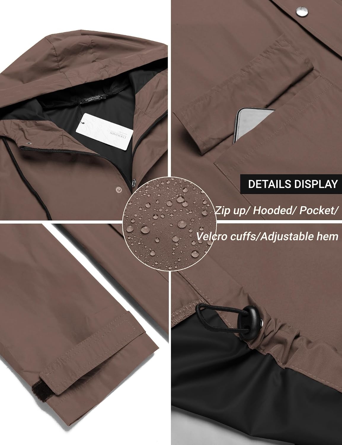 image:imageCOOFANDY Long Rain Coats for Men Waterproof Trench Jacket with HoodBrown