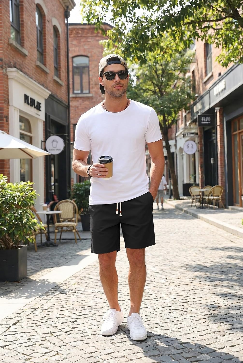 image:imageCOOFANDY Mens Casual Cotton Linen Shorts Elastic Waist Drawstring Shorts2 Pack Linen Khaki Black