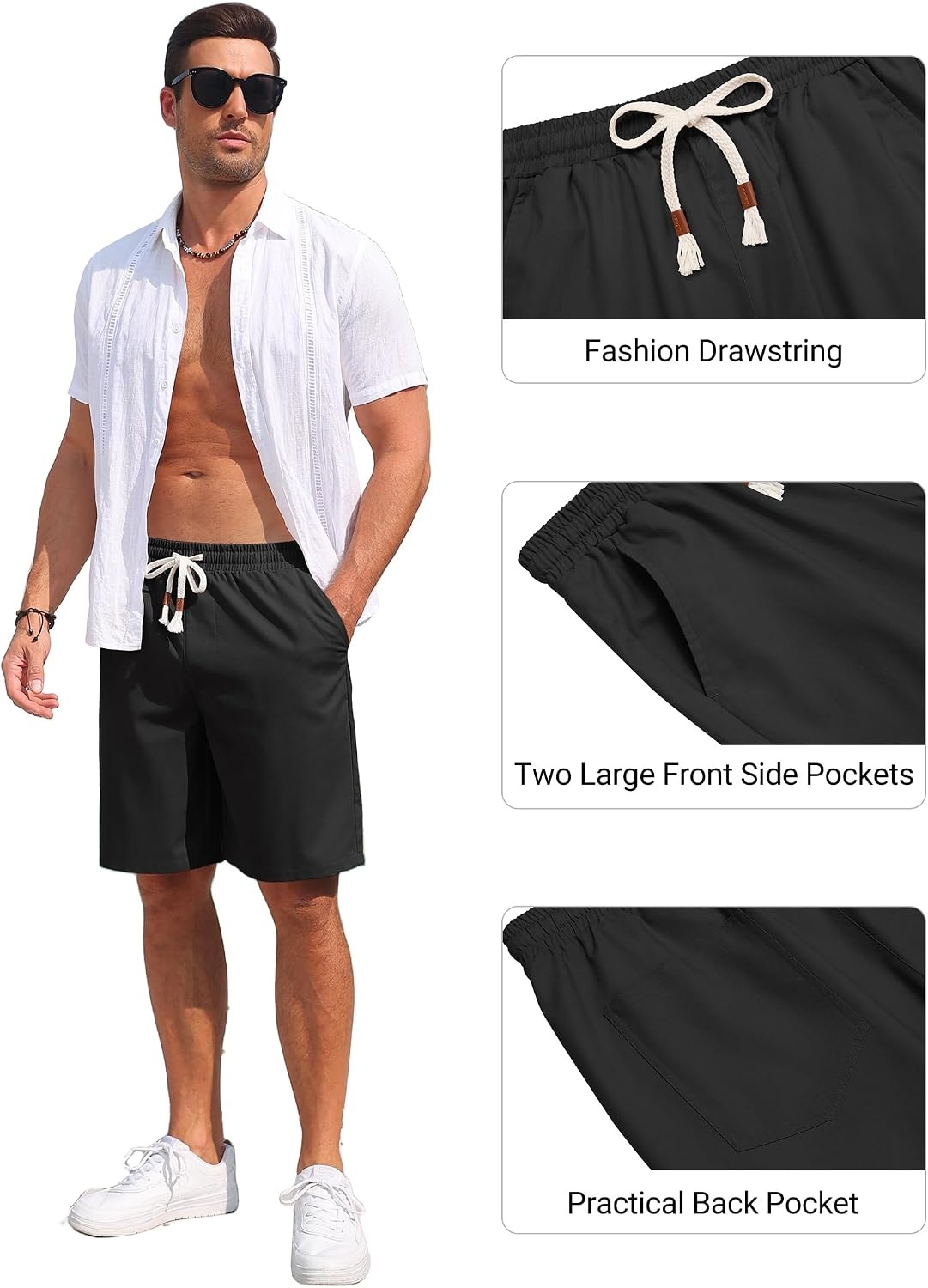 image:imageCOOFANDY Mens Casual Cotton Linen Shorts Elastic Waist Drawstring Shorts2 Pack Linen Khaki Black