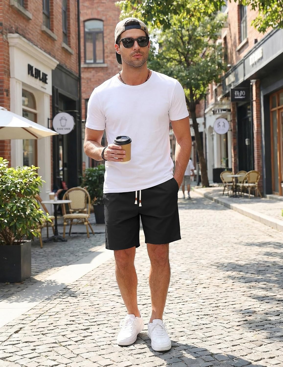 image:imageCOOFANDY Mens Casual Cotton Linen Shorts Elastic Waist Drawstring ShortsBlack
