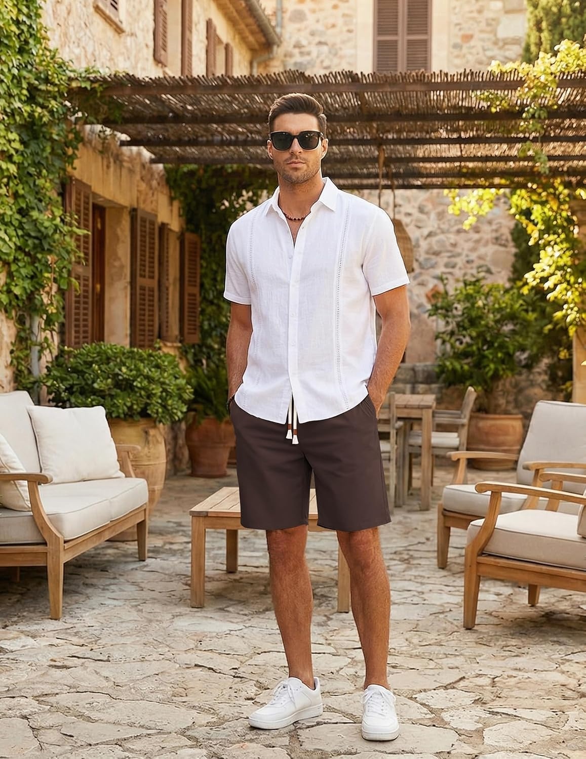 image:imageCOOFANDY Mens Casual Cotton Linen Shorts Elastic Waist Drawstring ShortsBrown
