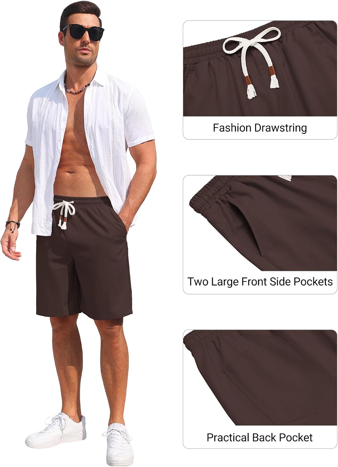 image:imageCOOFANDY Mens Casual Cotton Linen Shorts Elastic Waist Drawstring ShortsBrown
