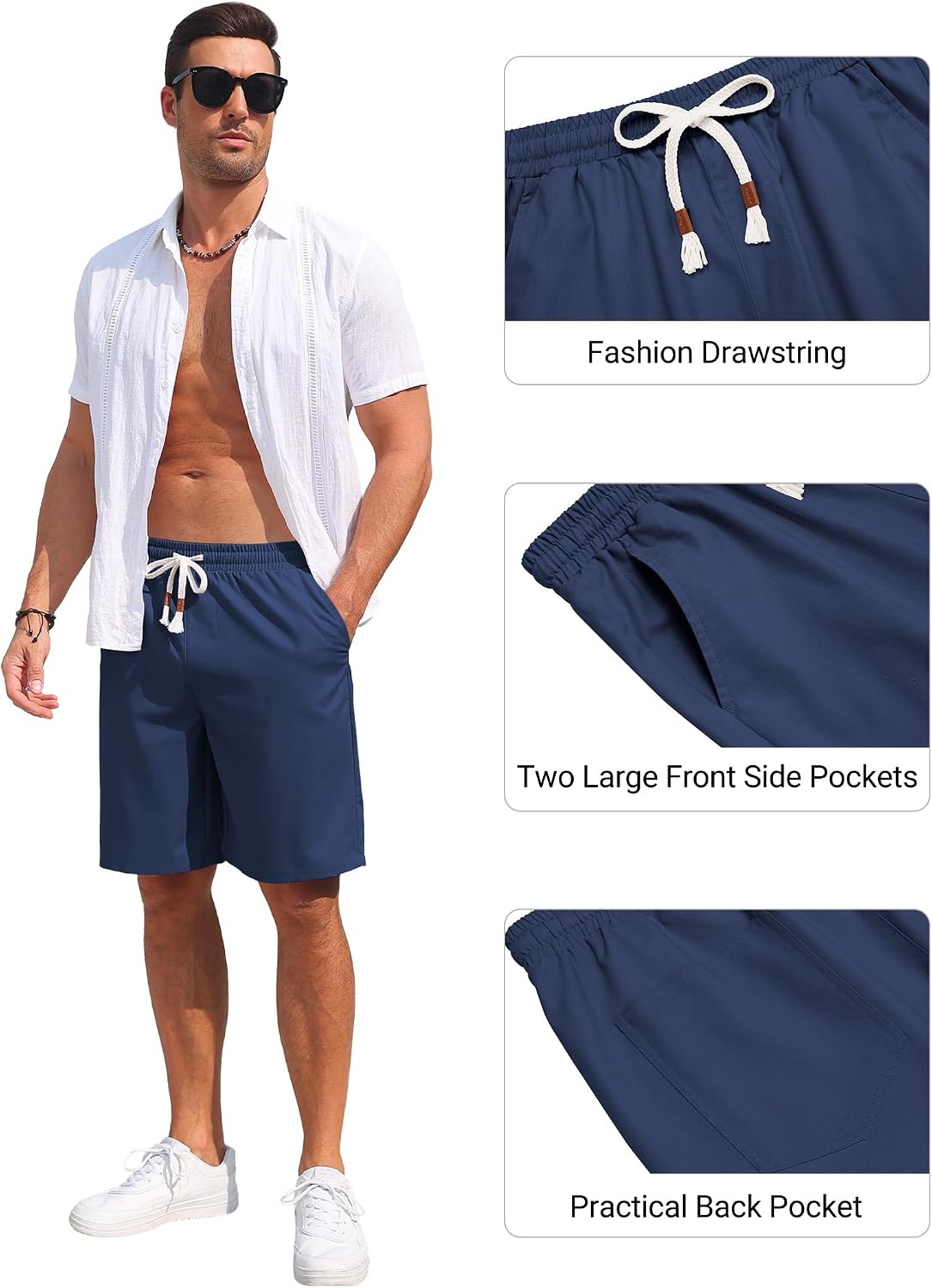 image:imageCOOFANDY Mens Casual Cotton Linen Shorts Elastic Waist Drawstring ShortsDenim Blue