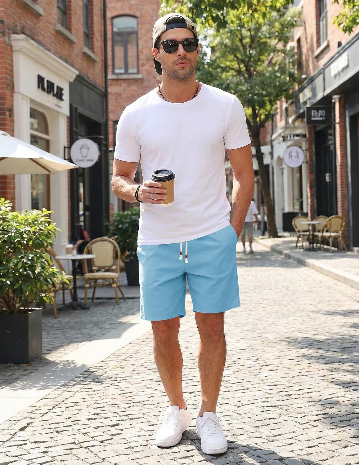 image:imageCOOFANDY Mens Casual Cotton Linen Shorts Elastic Waist Drawstring ShortsLight Blue