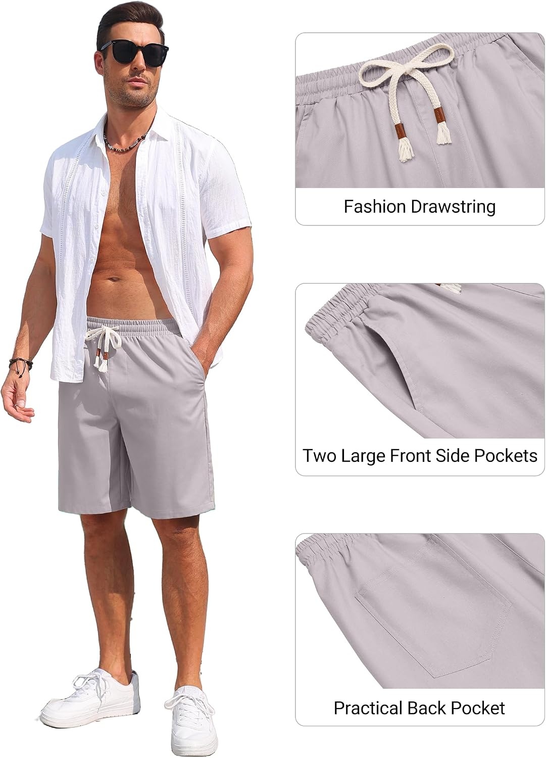 image:imageCOOFANDY Mens Casual Cotton Linen Shorts Elastic Waist Drawstring ShortsLight Grey