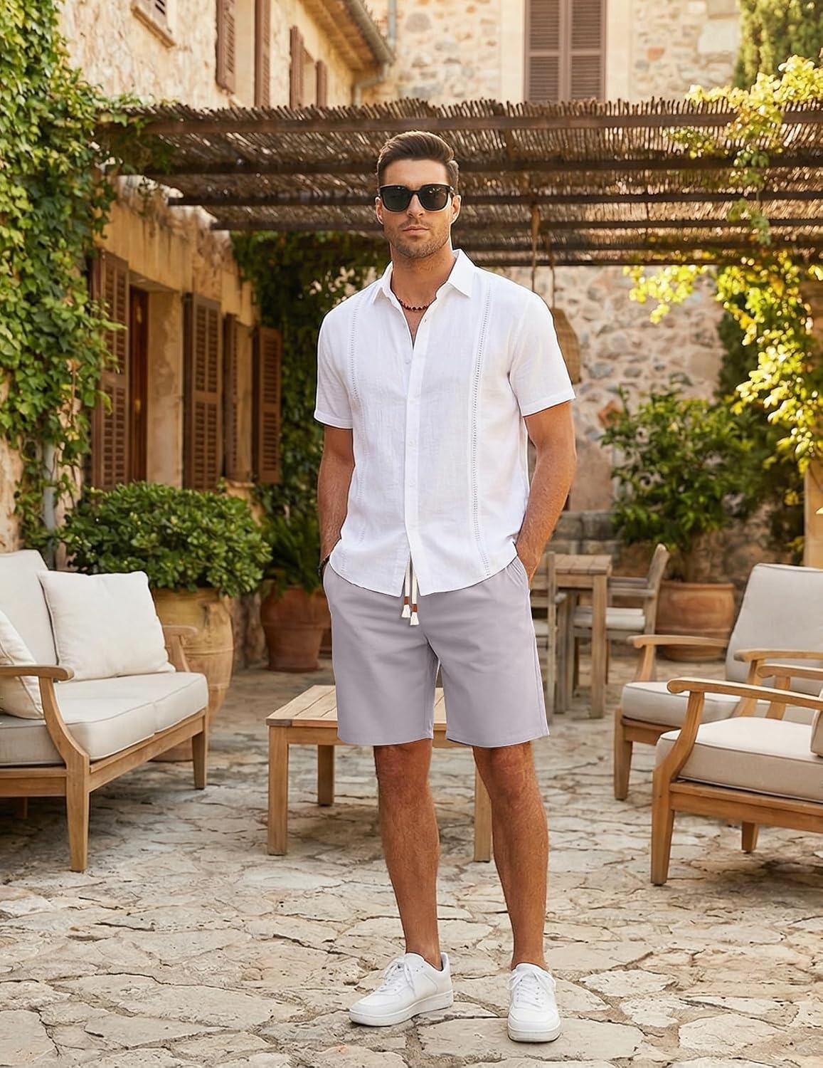 image:imageCOOFANDY Mens Casual Cotton Linen Shorts Elastic Waist Drawstring ShortsLight Grey