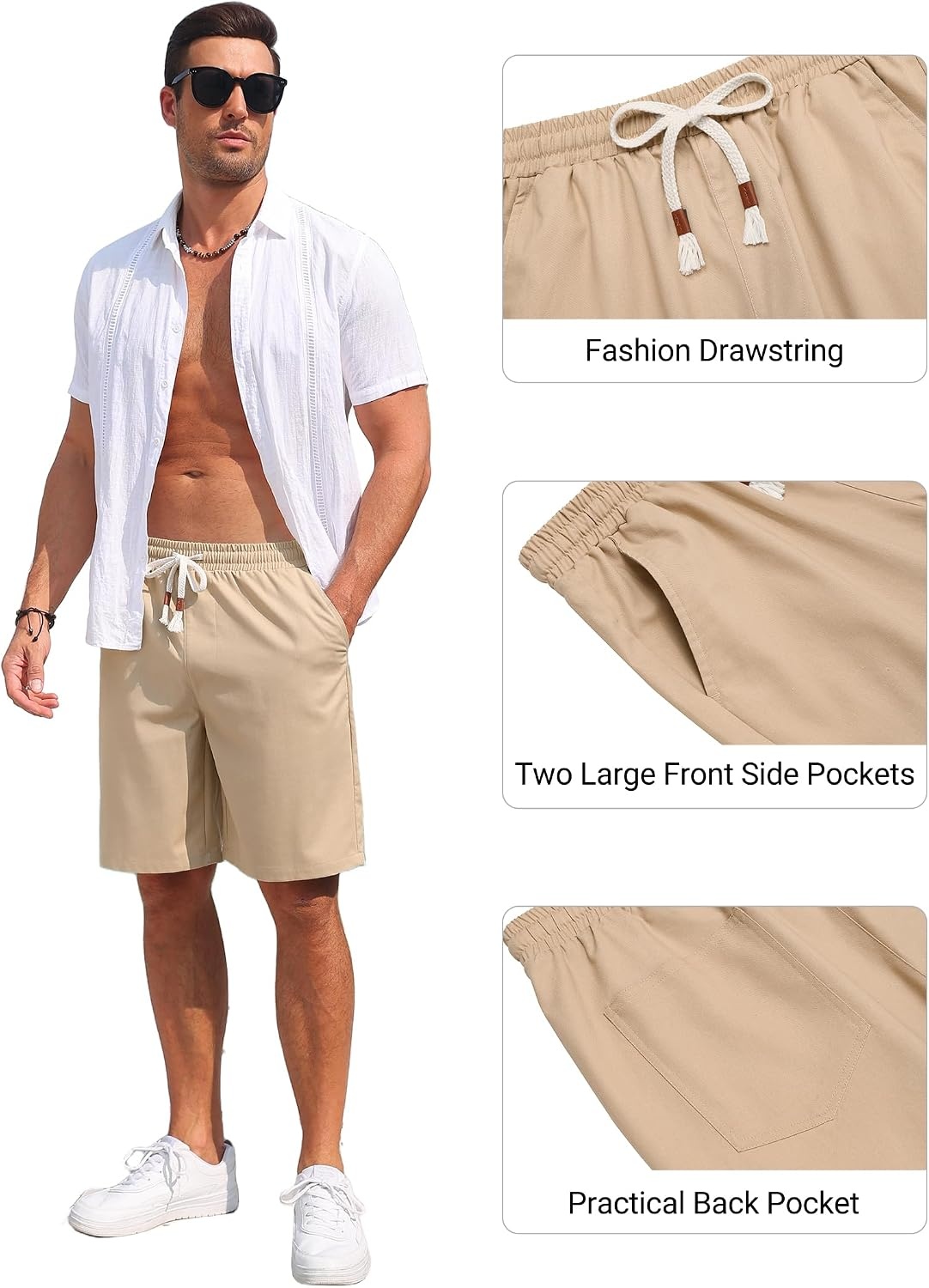 image:imageCOOFANDY Mens Casual Cotton Linen Shorts Elastic Waist Drawstring ShortsLight Khaki