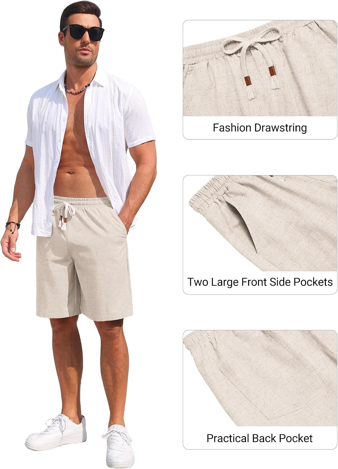 image:imageCOOFANDY Mens Casual Cotton Linen Shorts Elastic Waist Drawstring ShortsLinen Khaki