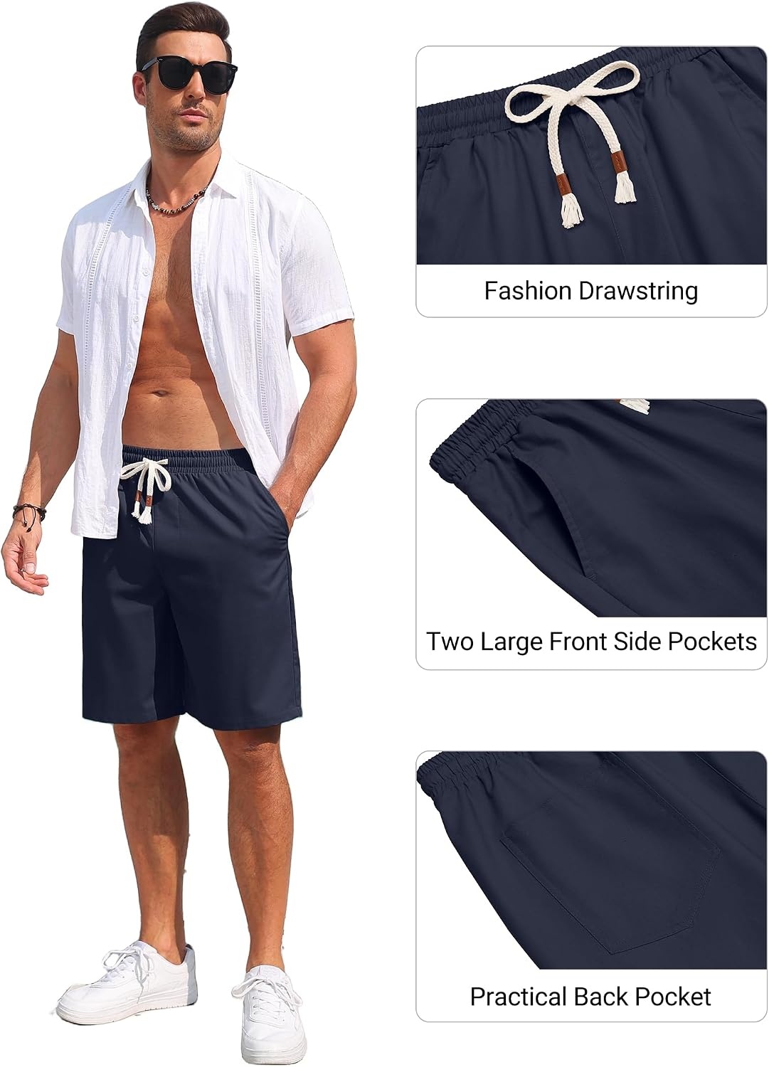 image:imageCOOFANDY Mens Casual Cotton Linen Shorts Elastic Waist Drawstring ShortsNavy Blue