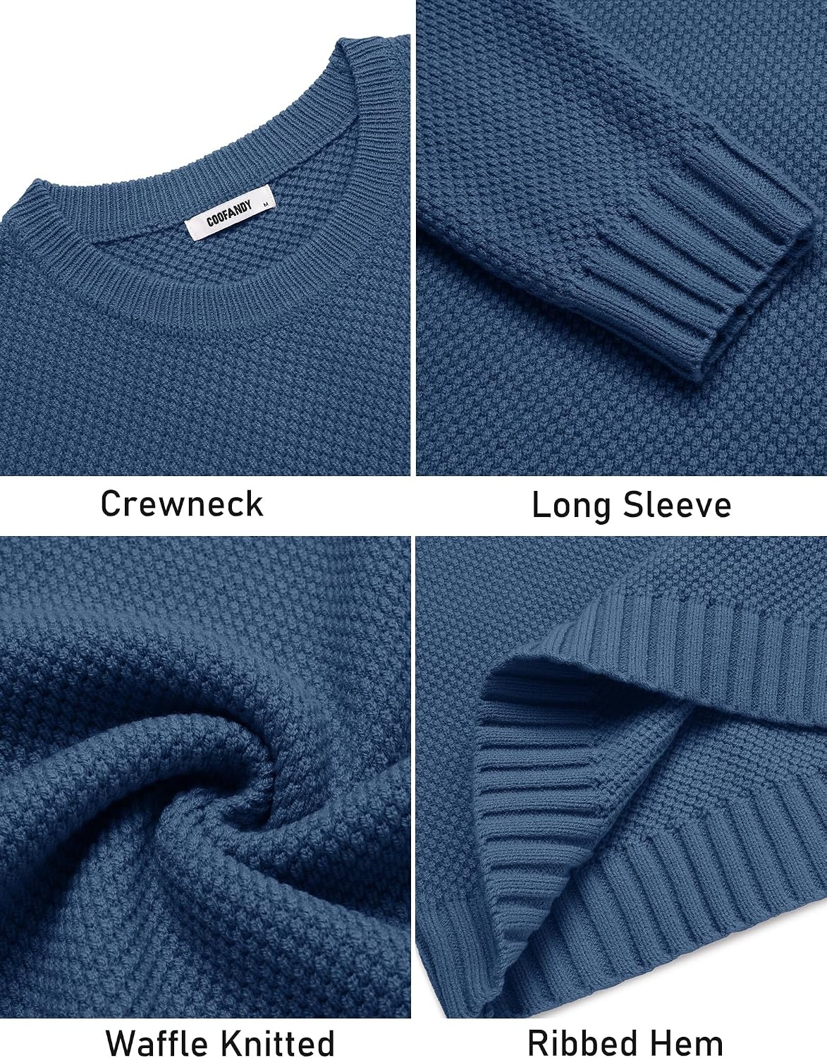 image:imageCOOFANDY Mens Casual Crewneck Sweater Long Sleeve Waffle Knit PulloverBlue