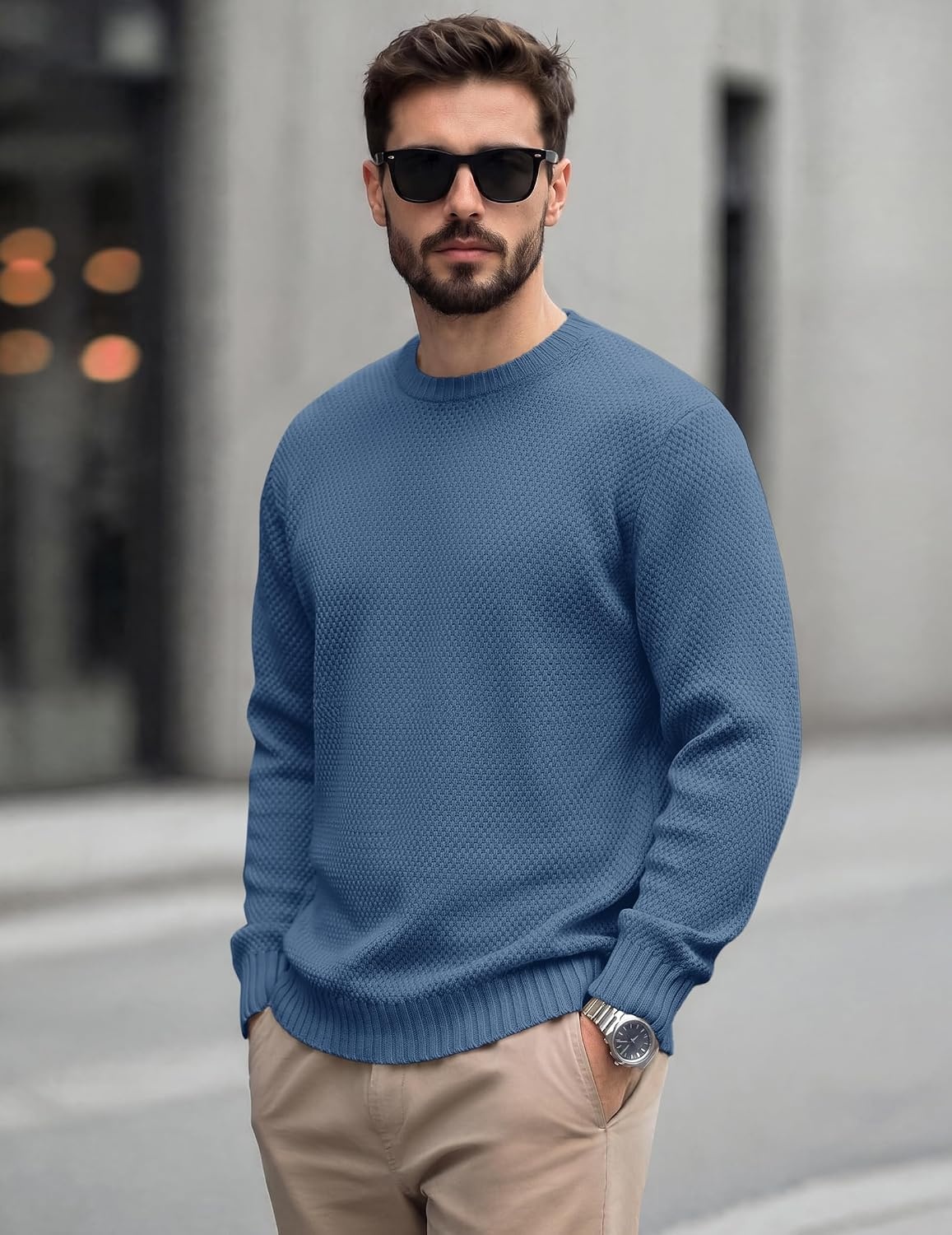 image:imageCOOFANDY Mens Casual Crewneck Sweater Long Sleeve Waffle Knit PulloverBlue