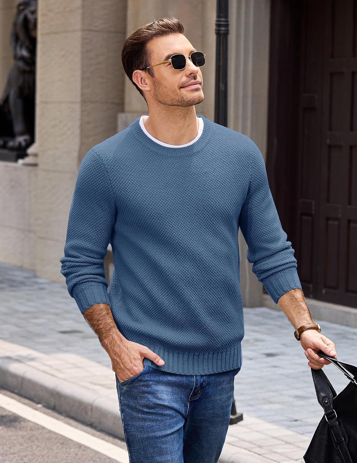 image:imageCOOFANDY Mens Casual Crewneck Sweater Long Sleeve Waffle Knit PulloverBlue