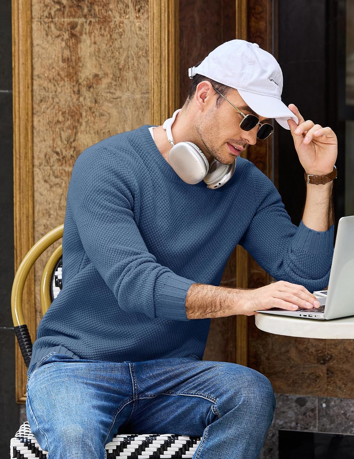 image:imageCOOFANDY Mens Casual Crewneck Sweater Long Sleeve Waffle Knit PulloverBlue