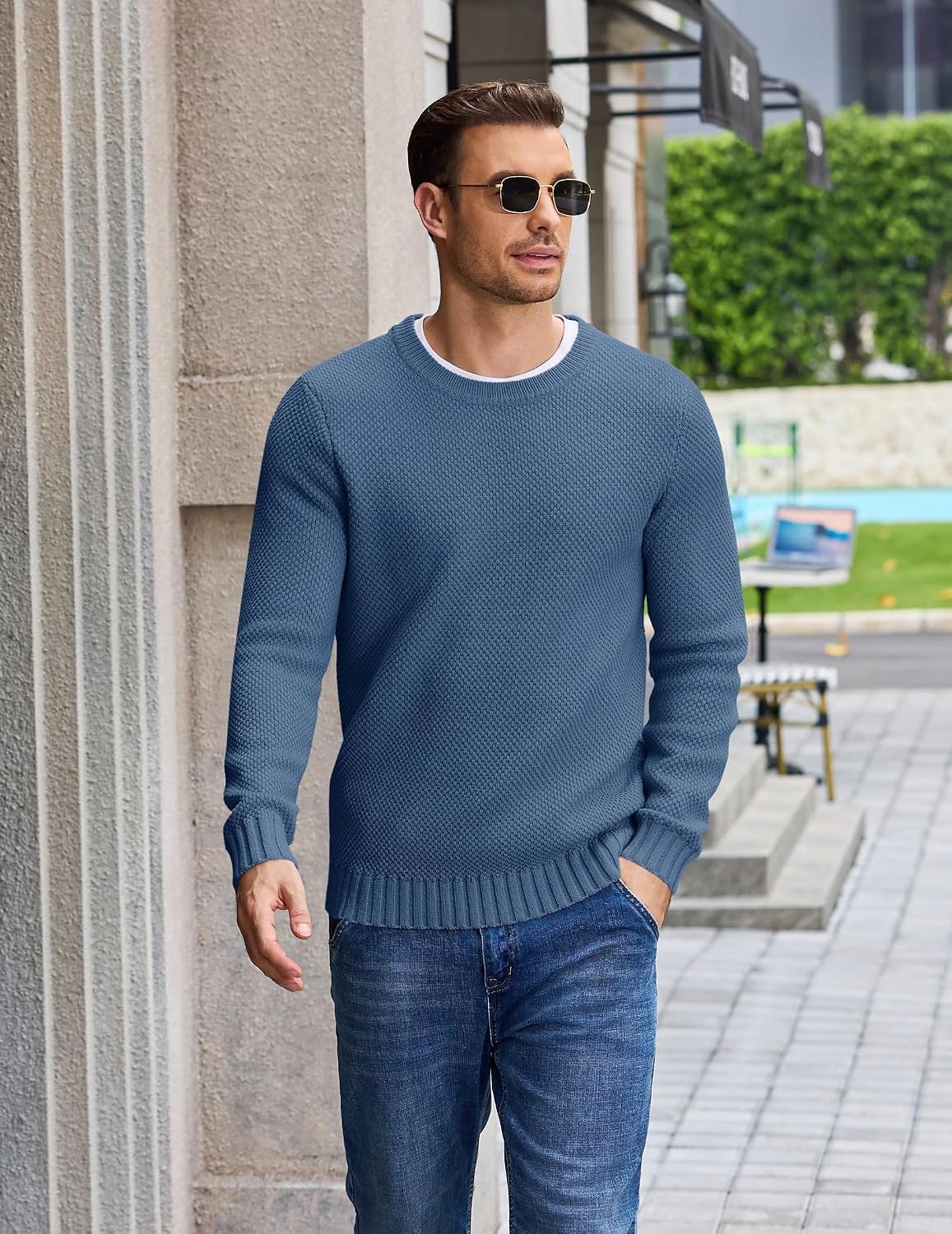image:imageCOOFANDY Mens Casual Crewneck Sweater Long Sleeve Waffle Knit PulloverBlue