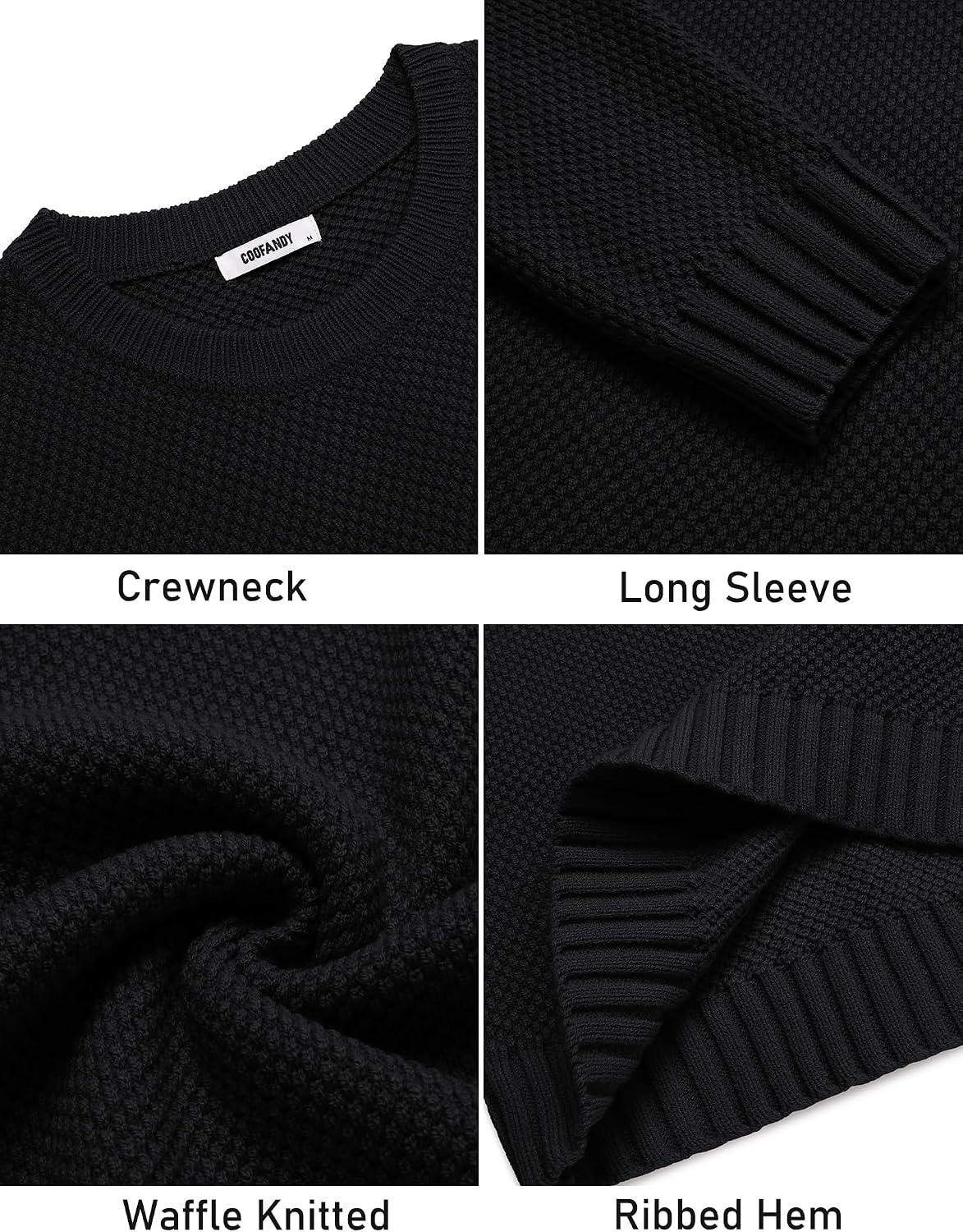 image:imageCOOFANDY Mens Casual Crewneck Sweater Long Sleeve Waffle Knit PulloverClassic Black