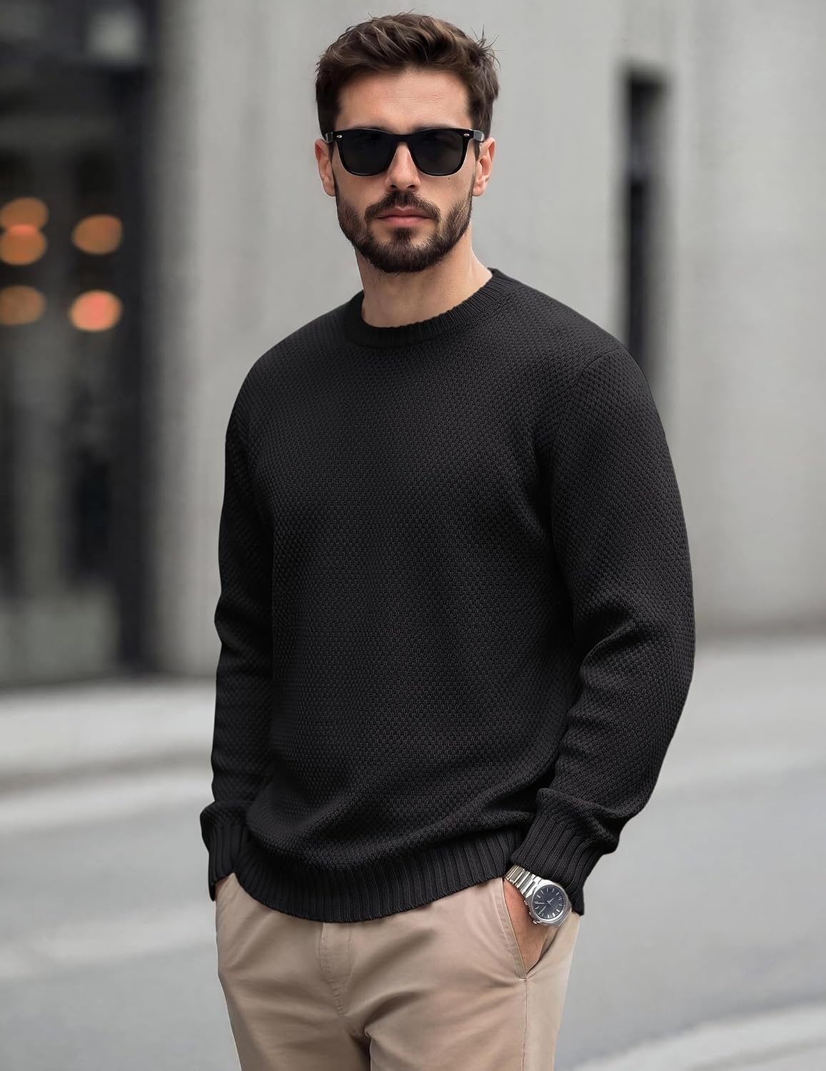 image:imageCOOFANDY Mens Casual Crewneck Sweater Long Sleeve Waffle Knit PulloverClassic Black