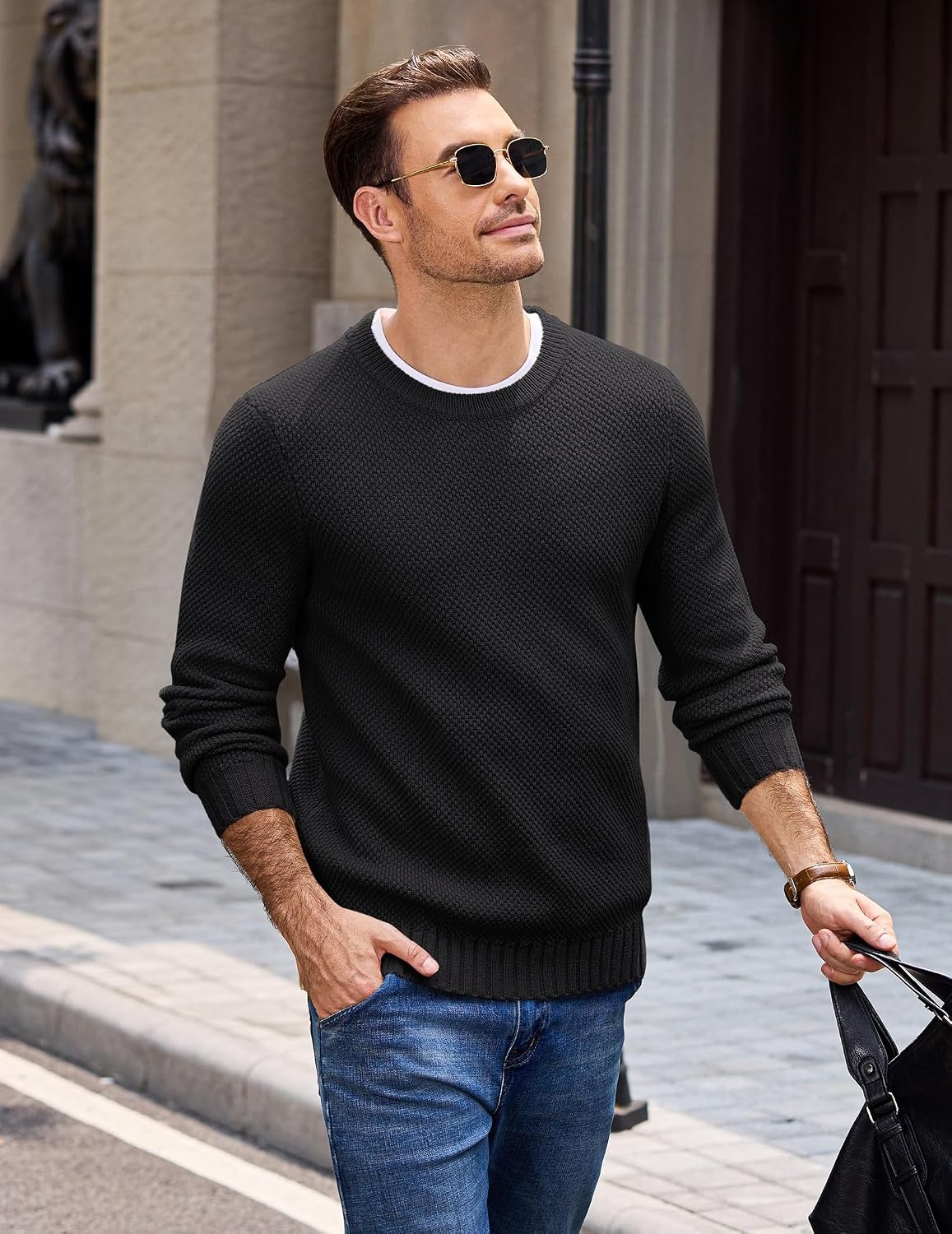 image:imageCOOFANDY Mens Casual Crewneck Sweater Long Sleeve Waffle Knit PulloverClassic Black