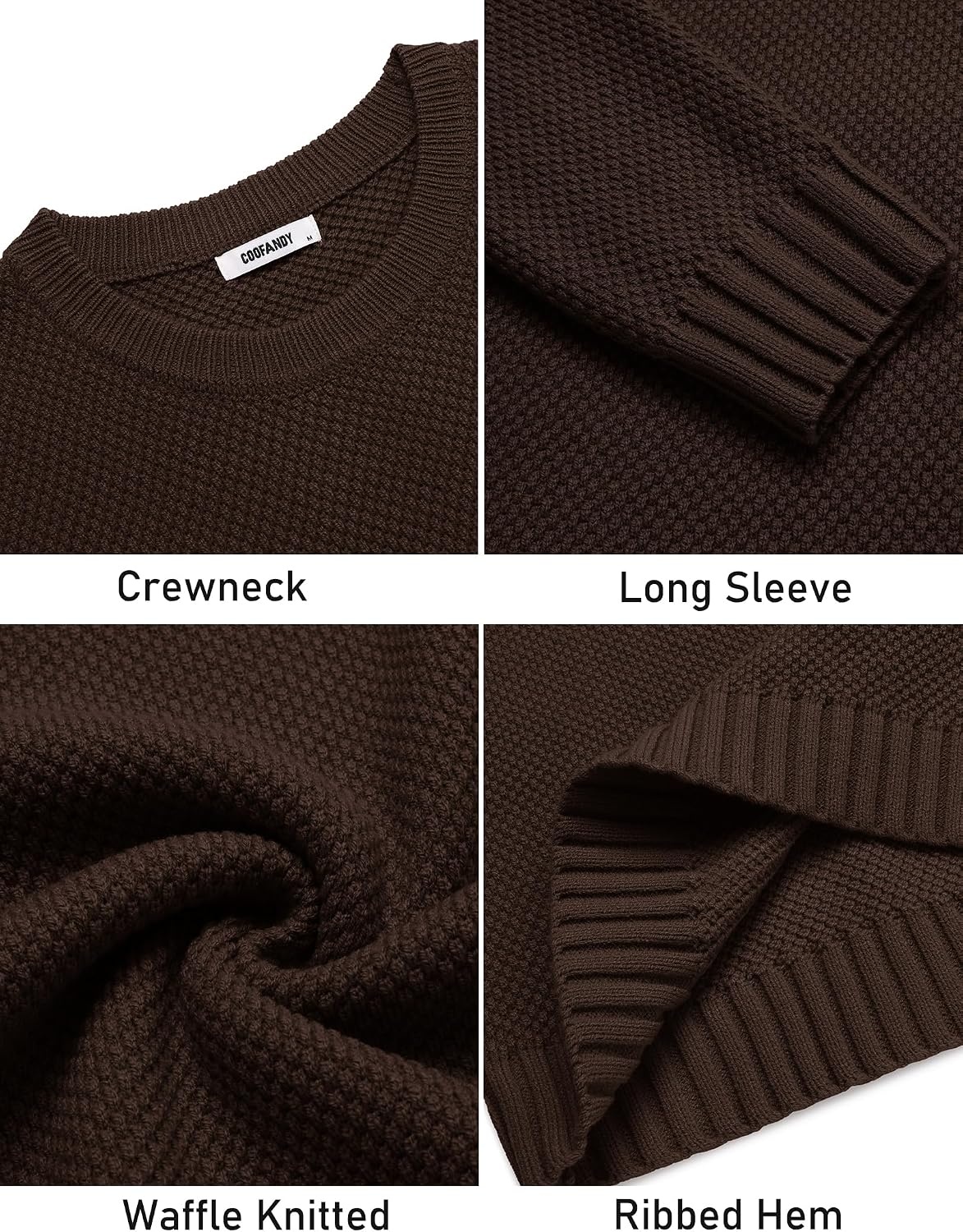 image:imageCOOFANDY Mens Casual Crewneck Sweater Long Sleeve Waffle Knit PulloverCoffee Brown