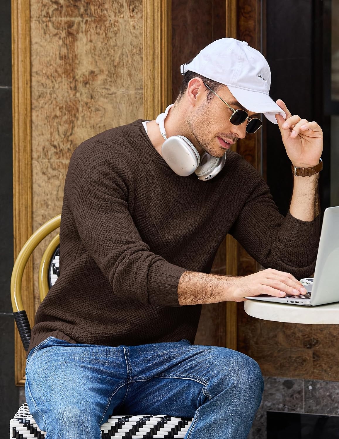 image:imageCOOFANDY Mens Casual Crewneck Sweater Long Sleeve Waffle Knit PulloverCoffee Brown