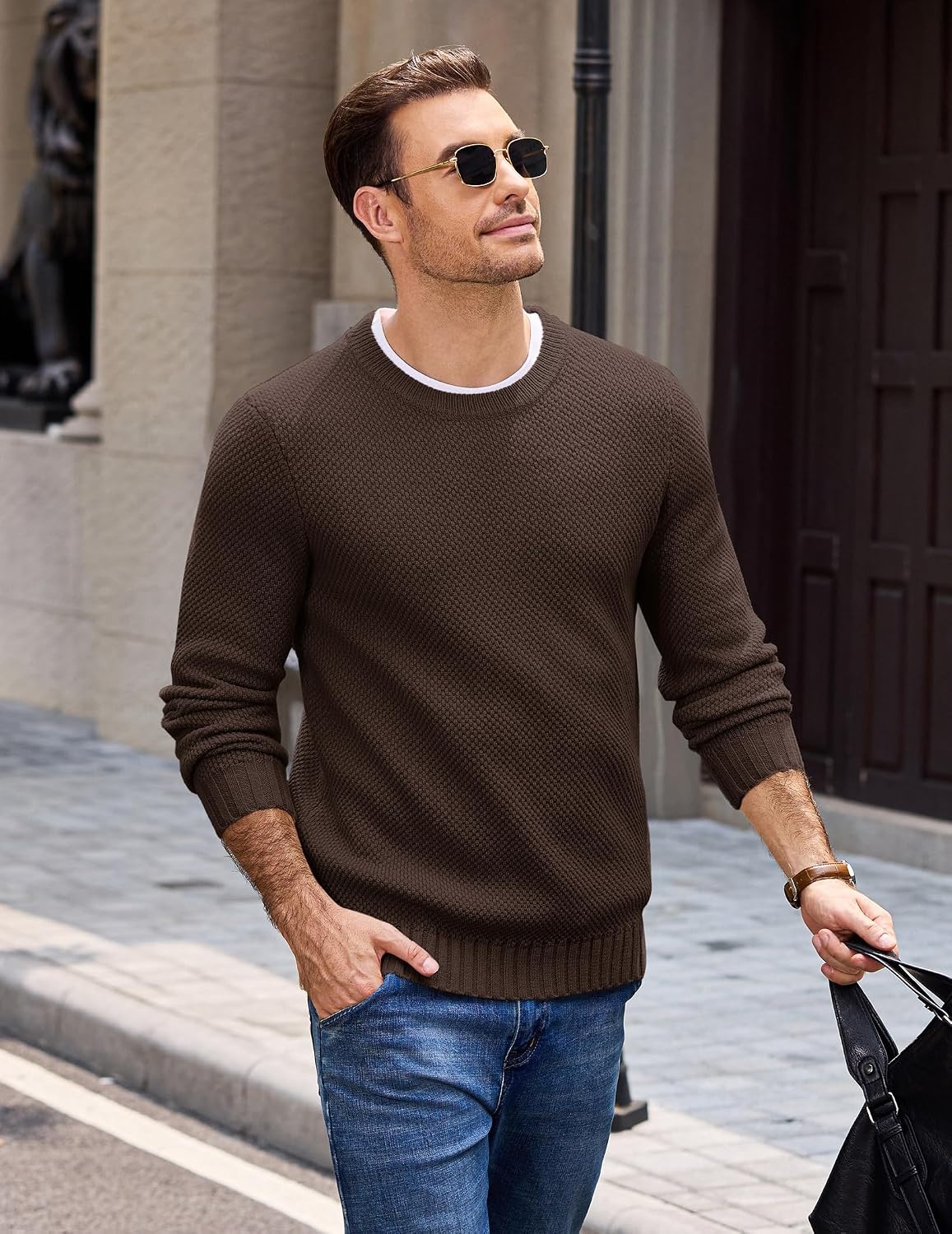 image:imageCOOFANDY Mens Casual Crewneck Sweater Long Sleeve Waffle Knit PulloverCoffee Brown