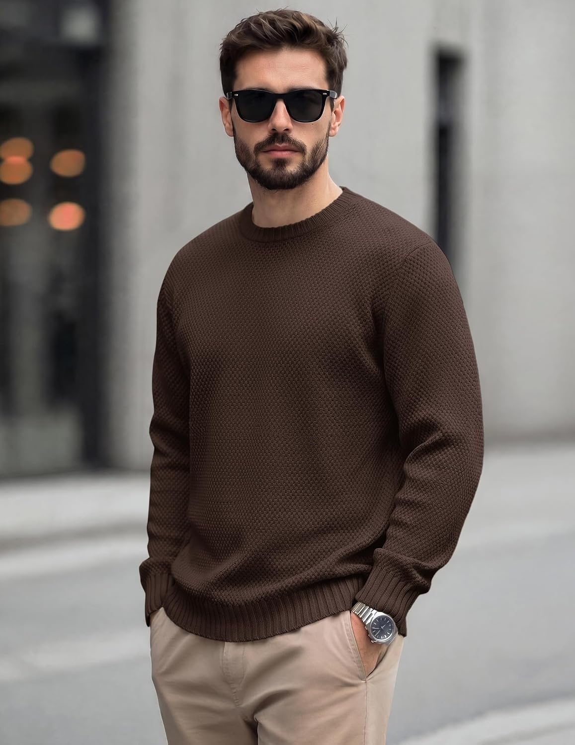 image:imageCOOFANDY Mens Casual Crewneck Sweater Long Sleeve Waffle Knit PulloverCoffee Brown