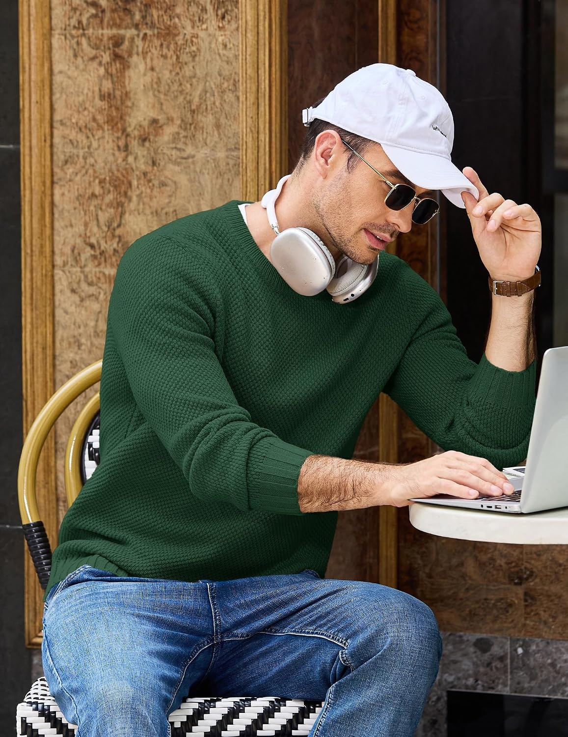 image:imageCOOFANDY Mens Casual Crewneck Sweater Long Sleeve Waffle Knit PulloverDark Green