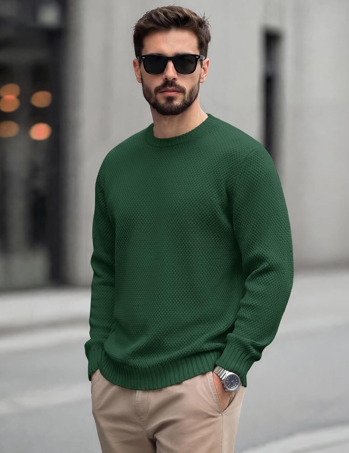 image:imageCOOFANDY Mens Casual Crewneck Sweater Long Sleeve Waffle Knit PulloverDark Green