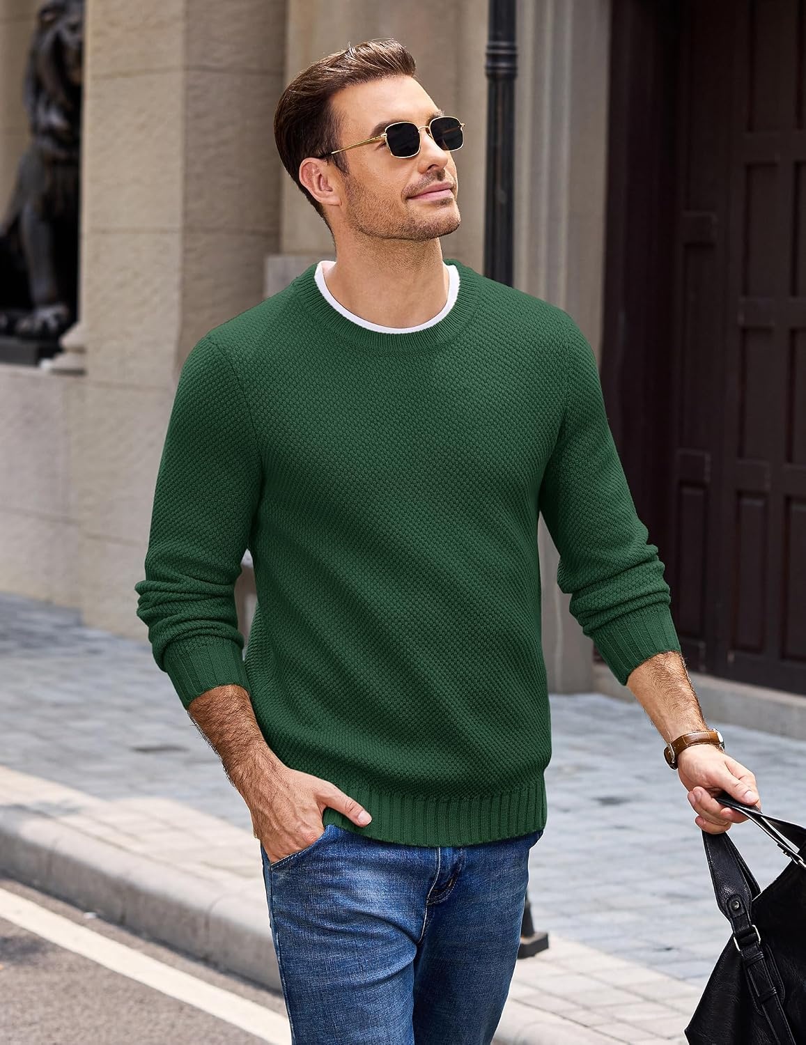 image:imageCOOFANDY Mens Casual Crewneck Sweater Long Sleeve Waffle Knit PulloverDark Green