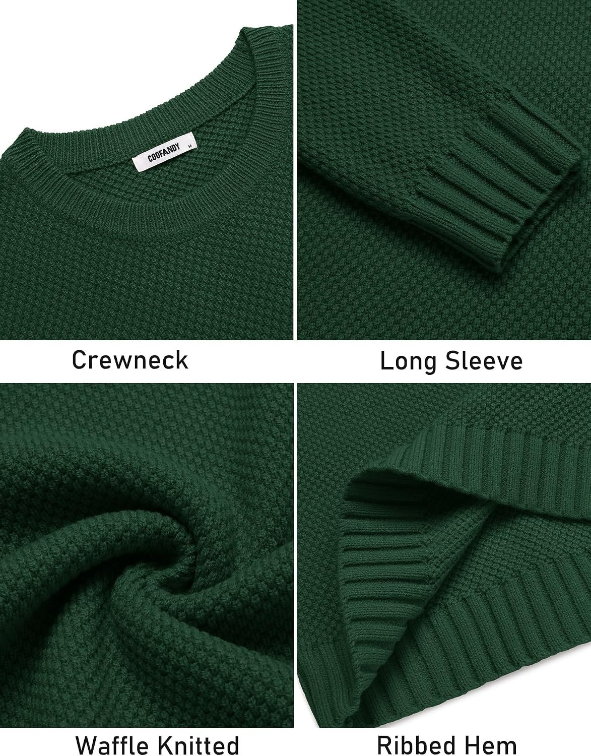 image:imageCOOFANDY Mens Casual Crewneck Sweater Long Sleeve Waffle Knit PulloverDark Green
