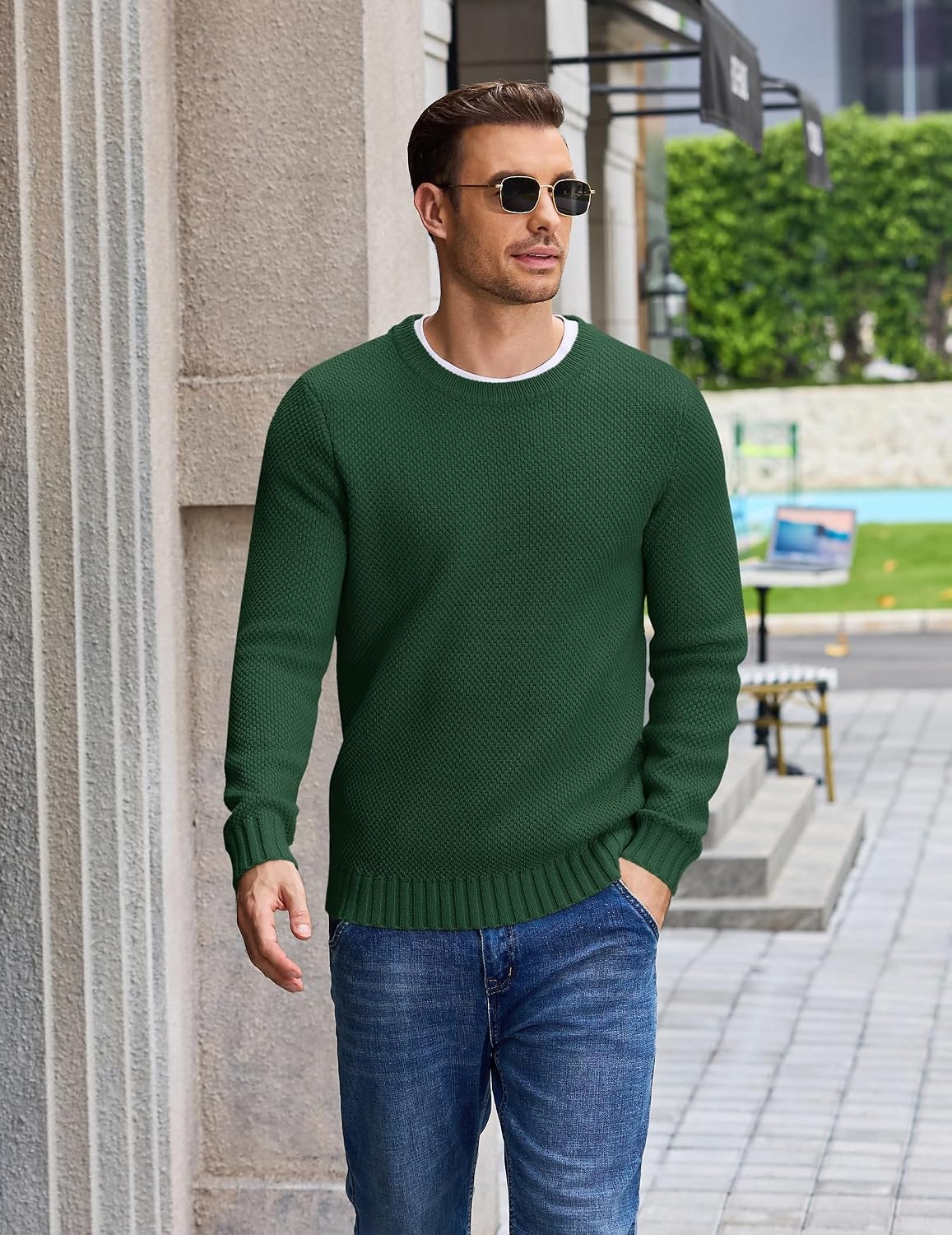 image:imageCOOFANDY Mens Casual Crewneck Sweater Long Sleeve Waffle Knit PulloverDark Green