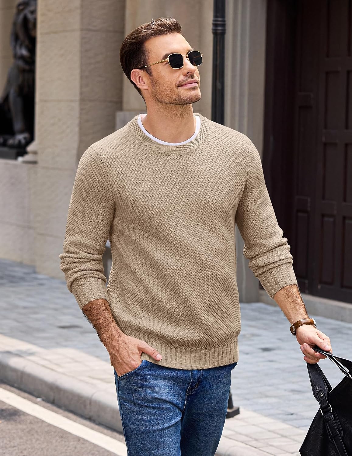 image:imageCOOFANDY Mens Casual Crewneck Sweater Long Sleeve Waffle Knit PulloverDark Khaki