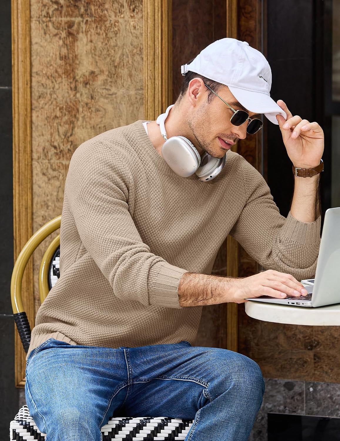 image:imageCOOFANDY Mens Casual Crewneck Sweater Long Sleeve Waffle Knit PulloverDark Khaki