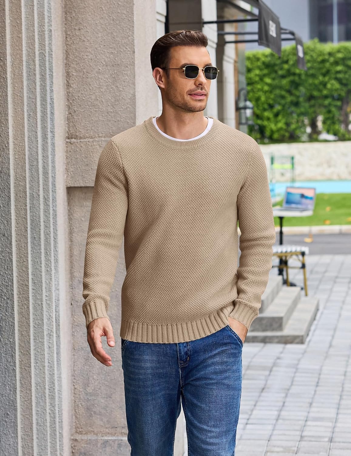image:imageCOOFANDY Mens Casual Crewneck Sweater Long Sleeve Waffle Knit PulloverDark Khaki