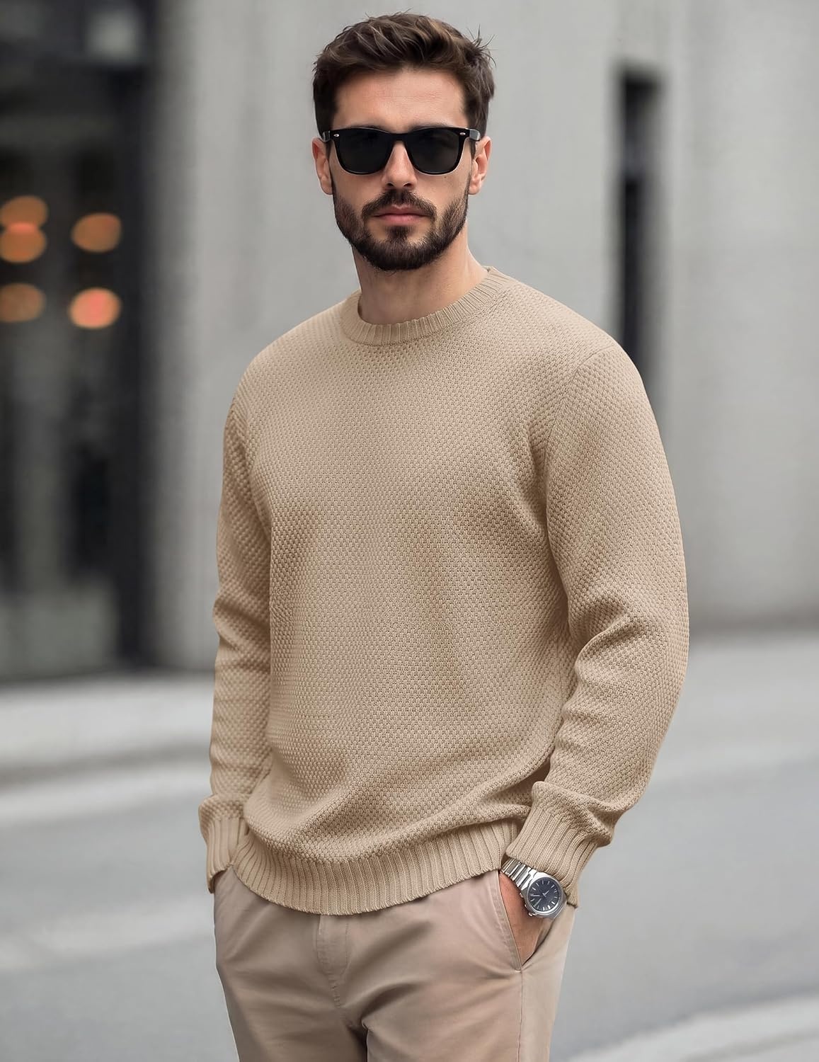 image:imageCOOFANDY Mens Casual Crewneck Sweater Long Sleeve Waffle Knit PulloverDark Khaki