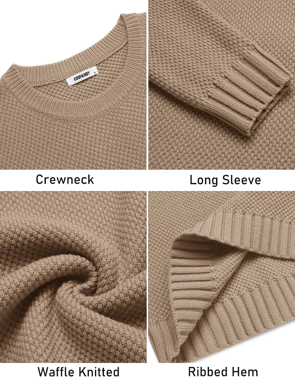 image:imageCOOFANDY Mens Casual Crewneck Sweater Long Sleeve Waffle Knit PulloverDark Khaki