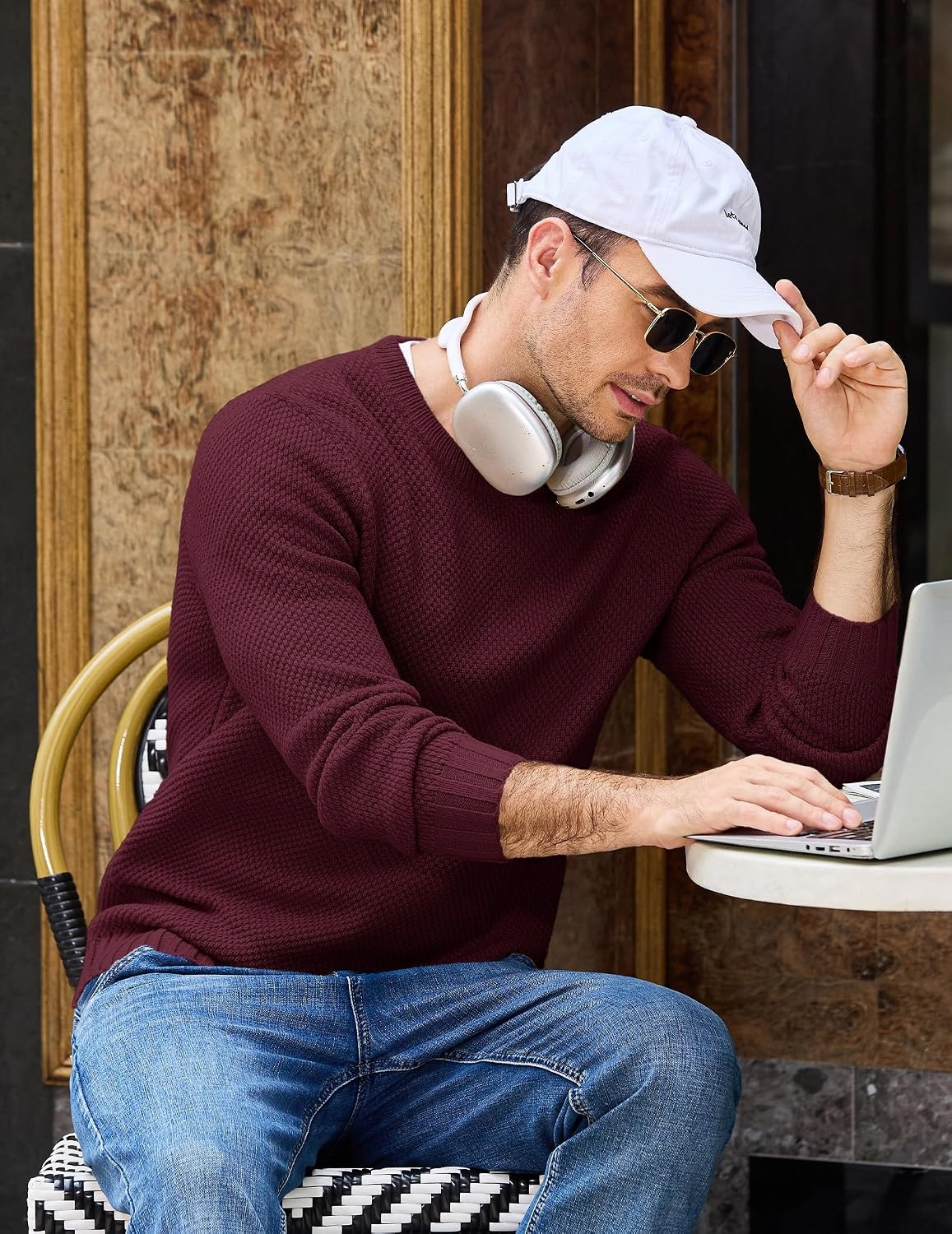 image:imageCOOFANDY Mens Casual Crewneck Sweater Long Sleeve Waffle Knit PulloverDark Red