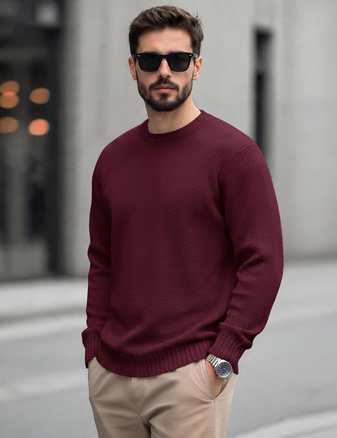 image:imageCOOFANDY Mens Casual Crewneck Sweater Long Sleeve Waffle Knit PulloverDark Red
