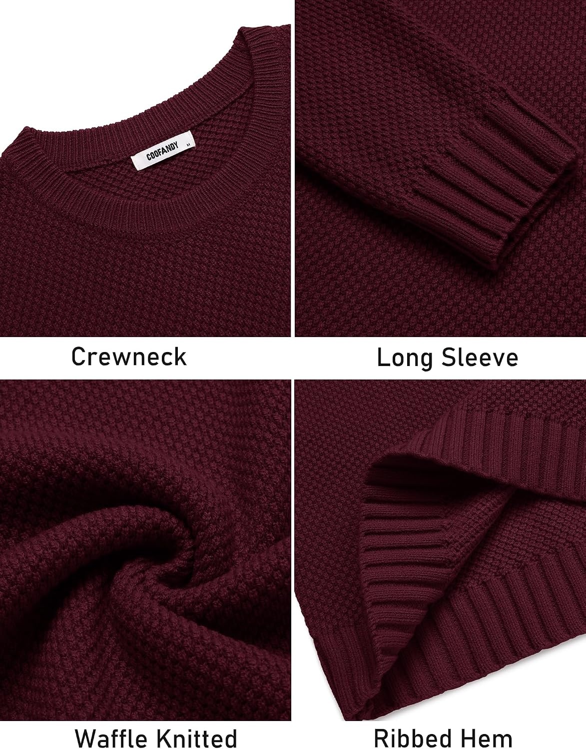 image:imageCOOFANDY Mens Casual Crewneck Sweater Long Sleeve Waffle Knit PulloverDark Red